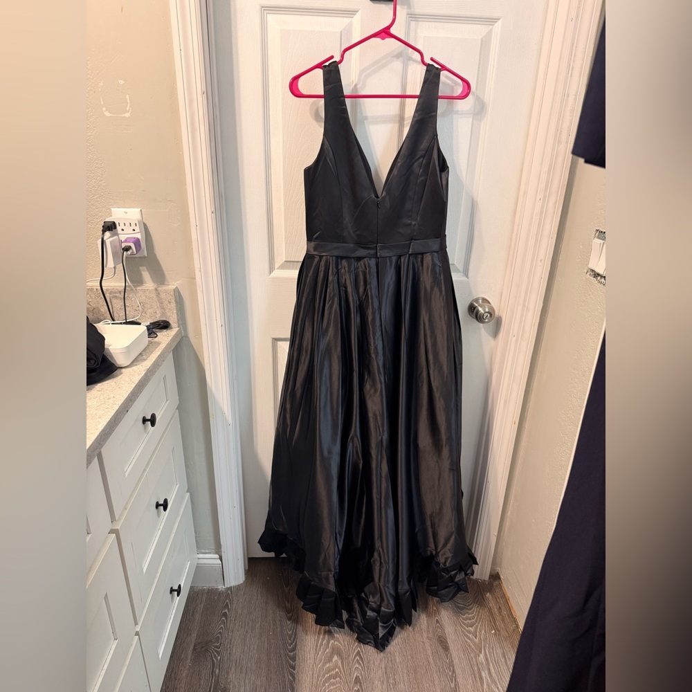 JJs House Black High Low Dress Ruffled Princess Salsa Black Satin Formal Gown